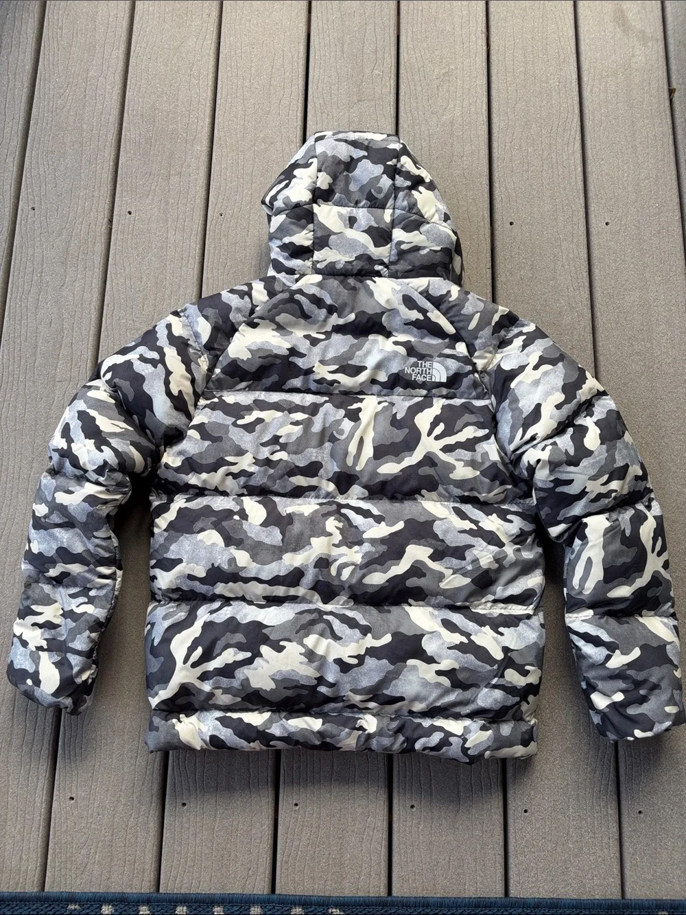 The North Face Kids Black, Gray & White Down Camo Puffer Jacket with Hood